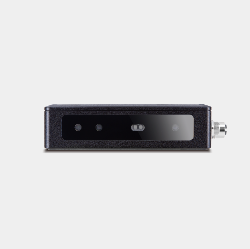 "Front-facing view of a rugged LIPS 3D depth camera module, featuring a horizontal multi-lens sensor array and a robust industrial connector, engineered for high-precision machine vision and edge AI applications."