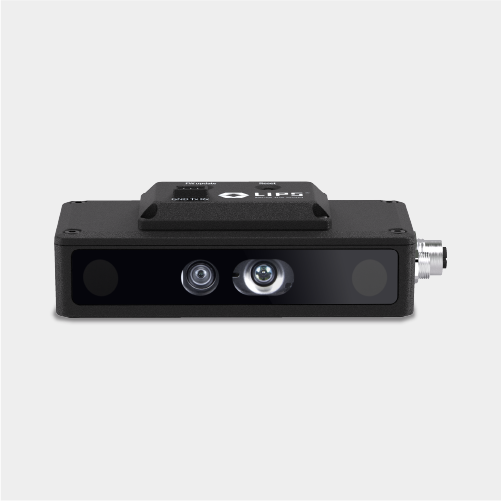 "Front-facing view of a rugged LIPS 3D depth camera module, showcasing its central dual-lens stereo vision system and durable industrial casing, optimized for high-precision machine vision and edge AI applications."