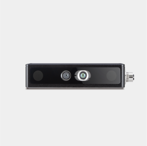 "Front-facing view of a rugged LIPS 3D depth camera module, showcasing its central dual-lens stereo vision system and side-mounted industrial connector, engineered for high-precision machine vision and edge AI applications."