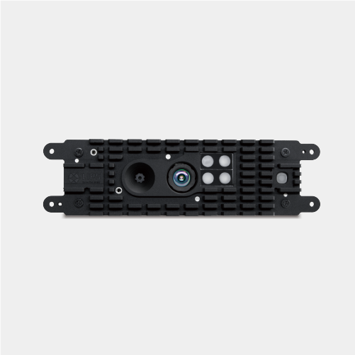 **LIPS rugged embedded 3D camera module featuring a finned heatsink casing, central optical lens, multi-sensor depth array, and mounting brackets, designed for industrial machine vision and robotics integration.**