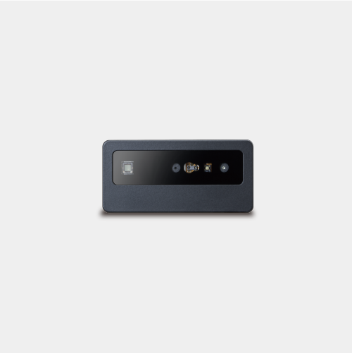 "Front view of a LIPS compact 3D depth camera module, showcasing its integrated sensors and lens array designed for precision machine vision and edge AI industrial applications."