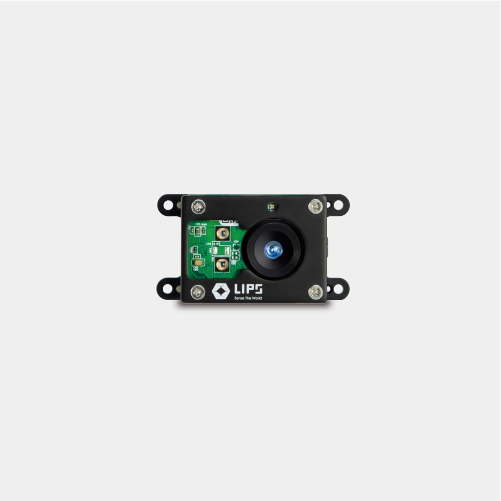 LIPS embedded 3D camera module featuring a central optical lens, exposed green PCB, and mounting brackets, designed for industrial machine vision and robotics integration.