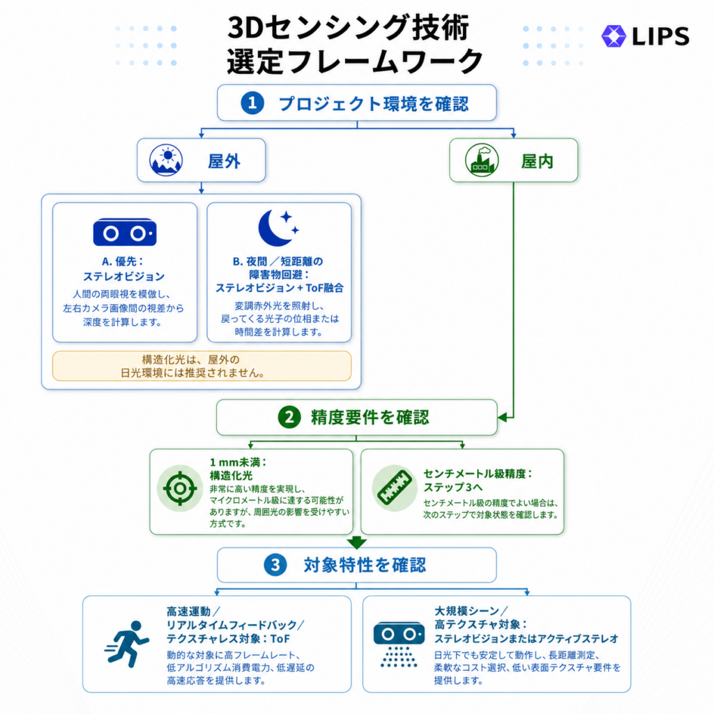 A flowchart by LIPS outlining the decision-making process for selecting 3D depth sensing technologies—Stereo Vision, Structured Light, and Time-of-Flight (ToF)—based on project environment, accuracy requirements, and target object features.